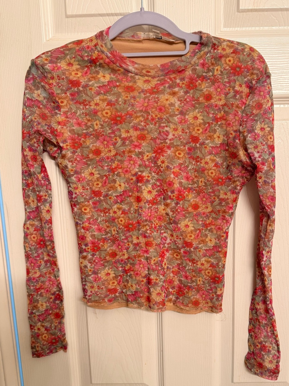 Rampage Floral Mesh Long Sleeve Top in Pink and Orange